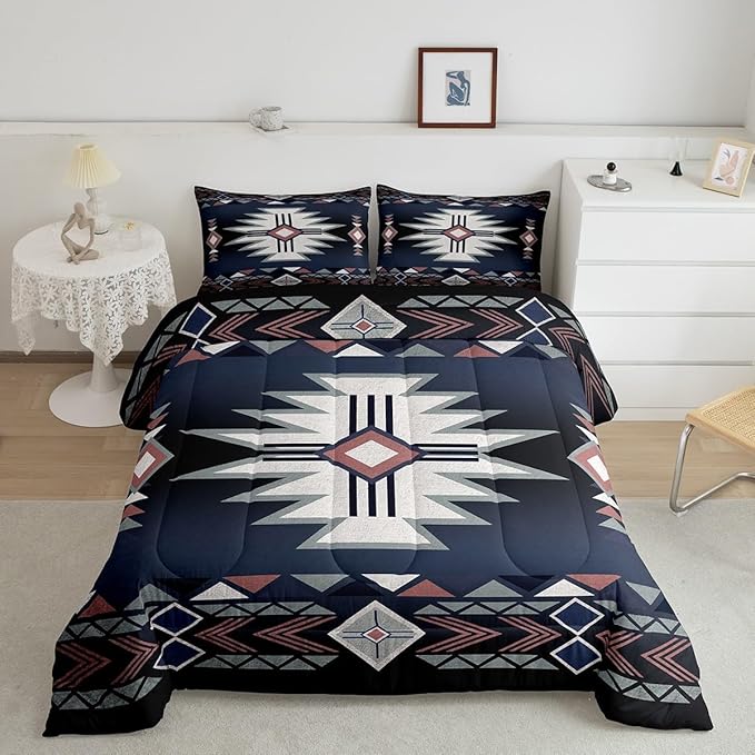 Southwestern Comforter Set Full Size,Rustic Farmhouse Western Bedding Set,Kids Adult Geometric Aztec Tribal Arrow Striped Quilt Set Dark Blue Red Vintage Bohemian Duvet Insert,2 Pillowcases