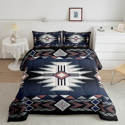 Southwestern Comforter Set Full Size,Rustic Farmhouse Western Bedding Set,Kids Adult Geometric Aztec Tribal Arrow Striped Quilt Set Dark Blue Red Vintage Bohemian Duvet Insert,2 Pillowcases