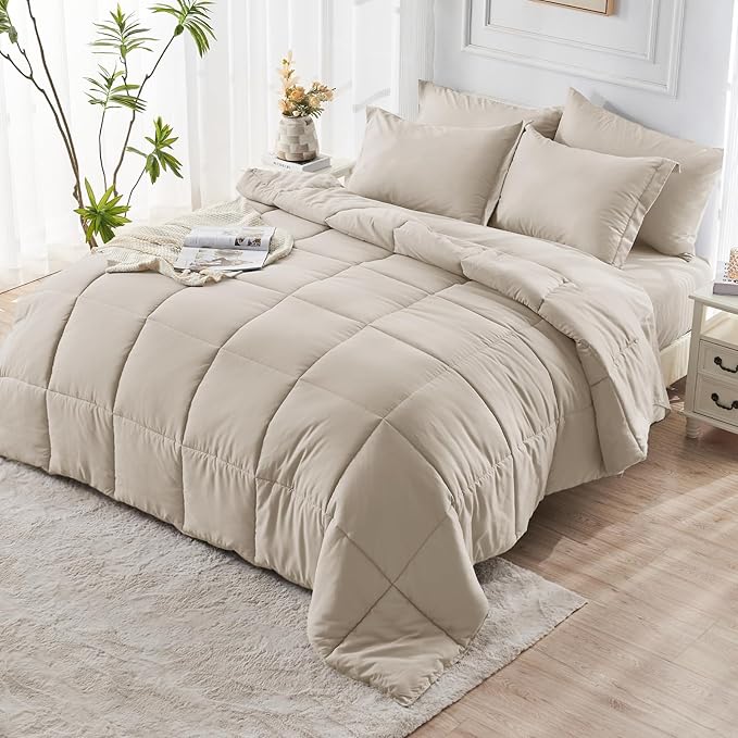 JOLLYVOGUE King Comforter Set, Ultra-Soft Bed in a Bag King Size 7 Pieces, Oeko-TEX Certified Bedding Set with Down Alternative Comforter, Sheets, Pillowcases & Shams, Oatmeal