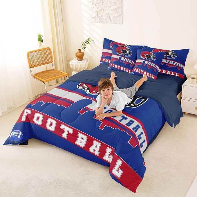 Erosebridal Football City 7 Pcs Comforter Set King Football Bedding for Boys Girls Blue Red Rugby Game Sheet Set Bed in A Bag Football Fans Room Decor Sports Ball Team Bed Set