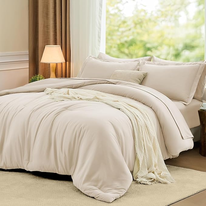 FUANNA Queen Comforter Set Beige, 7 Pieces Soft Bedding Sets Queen Size, All Season Lightweight Bed in a Bag with Comforter, Flat Sheet, Fitted Sheet, Pillowcases & Shams