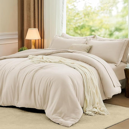 FUANNA Queen Comforter Set Beige, 7 Pieces Soft Bedding Sets Queen Size, All Season Lightweight Bed in a Bag with Comforter, Flat Sheet, Fitted Sheet, Pillowcases & Shams