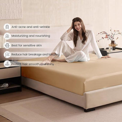 THXSILK 6A+ Top Grade 100% Pure Mulberry Silk Queen Fitted Sheet 3Pcs Set Bed Sheets Luxury Bedding for Hair and Skin Health Oeko-TEX Certified Safety, 1 Fitted Sheet with 2 Pillowcases, Champagne