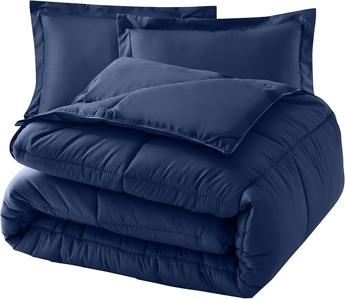 Elegant Comfort 3-Piece Box Stitched Down Alternative Comforter with Shams - Ultra Soft for All Season Duvet Insert with Corner Tabs, Plush Cozy 3PC Comforter Set, Twin XL, Navy Blue