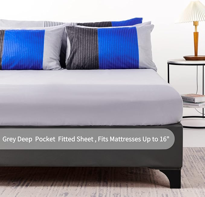 RYNGHIPY 8Pcs Blue and Grey Stripe Comforter Set Queen Size, Ultra Soft Microfiber Filling Patchwork Comforter Duvet, Bed Sheets and Pillowcases (Queen,Blue Grey)