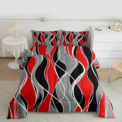Erosebridal Abstract Comforter Set Queen Black Red Geometric Bedding Kids Bedroom Decor, Aesthetic Modern Duvet Insert Stripe Quilt Comforter, White Grey Lines Bedding Comforters & Sets 3pcs