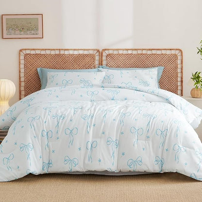 Comforter Set Full Size White - Blue Bow Quilt Bedding Set 3 Pieces, Comforter Set Full, Soft Lightweight Comforter(79‘’ x 90‘’) for Girl All Season & 2 Pillow Cases(30‘’x20‘’)
