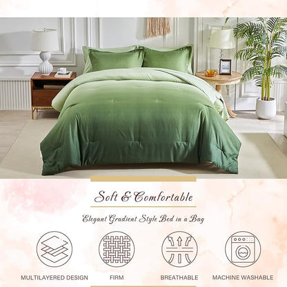 Olive Green and White Gradient Comforter Set Queen Size 7 Pieces Elegant Ombre Bed in a Bag - Reversible All Season Bedding Set with Comforter, Flat Sheet, Fitted Sheet, 2 Pillowcases & 2 Pillow Shams