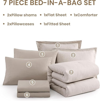 Monbix King Size Comforter Set, Oatmeal Cationic Dyeing Bed Set Reversible, King Size Comforter Set 7 Pieces Bed in a Bag with Comforter, Sheets, Pillowcases & Shams