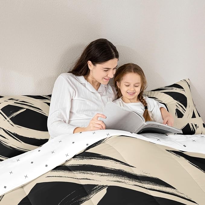 Beige and Black Striped Bedding Set Full Size for Adults Youth Teens,Contemporary Boho Modern Art Comforter Set,Graffiti Stripes Lines Quilt,Aesthetic Geometric Duvet Insert for Minimalists