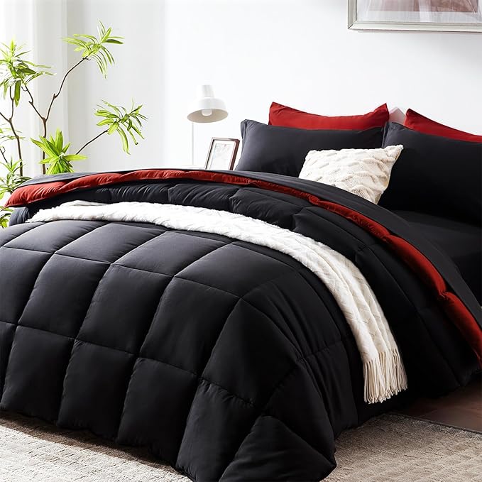 COZYART King Comforter Set 7 Pcs, Black and Red Bed in a Bag, All Season Lightweight Soft Reversible Bedding Sets, 1 Comforter, 1 Flat Sheet, 1 Fitted Sheet, 2 Pillow Shams, 2 Pillowcases