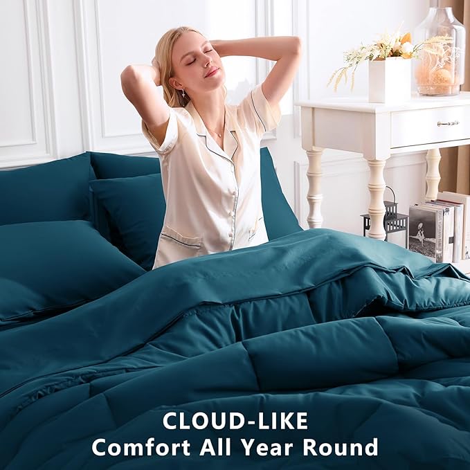 CozyLux Full Size Comforter Set Lyons Blue, 7 Pieces Bed in a Bag, Blue Comforter Full Size, All Season Bedding Sets with Stitch Quilted Comforter, Flat Sheet, Fitted Sheet, Pillowcases