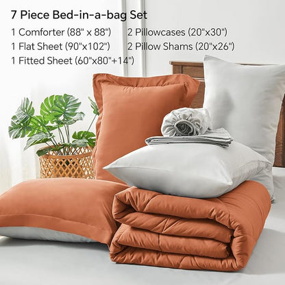 BEDELITE Queen Comforter Set 7 Pieces Bed in A Bag - Soft Microfiber Reversible Burnt Orange Bed Set with Comforters, Sheets, Pillowcases & Shams, Cozy Luxury Bedding Sets for All Season
