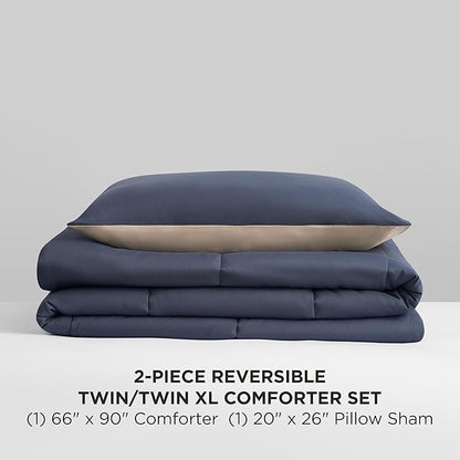 Reversible Box Stitch Comforter Set, 2-Piece Twin/Twin XL – Navy Blue/Tan – Stylish Bedding Set