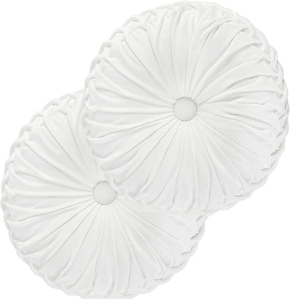 HIG Set of 2 Decorative Round Pleated Throw Pillows, Classy Accent Pumpkin Throw Pillows with Center Button, Vintage Velvet Floor Pillows for Sofa Vanity Chair Bed, White, 14.5" Diameter(Ripple)