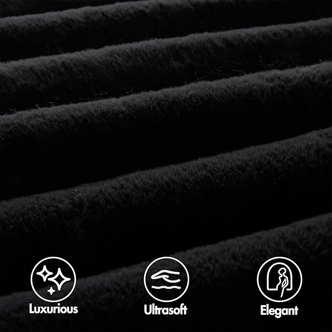 Madison Park Jasmine Queen Comforter Set, Luxurious Reversible Faux Fur Plush Ribbed Velvet Bedding, Fuzzy Thick Warm Winter Comforter, Super Soft Fluffy 3-Piece Set Black