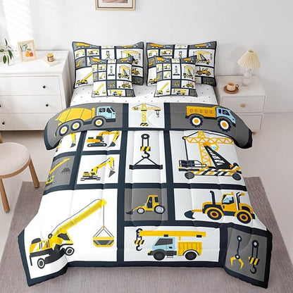 Feelyou Kids Construction Comforter Set King Size 7 Pcs Boys Construction Site Cars Comforter Bed in a Bag Trucks Excavators Bedding Set Child Tractors Bed Set with Sheets, Pillowcases, Pillow Covers