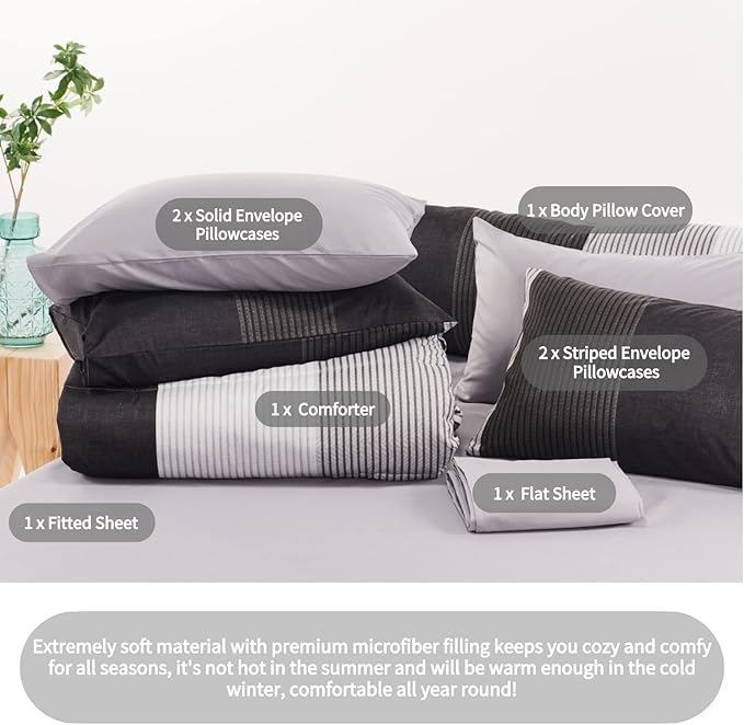 RYNGHIPY 8Pcs Revsible Grey Black Striped Down Alternative Comforter Bedding Collections, Lightweight All Season Striped Bedding Comforters Sets for Queen Bed (Queen,Grey Black)