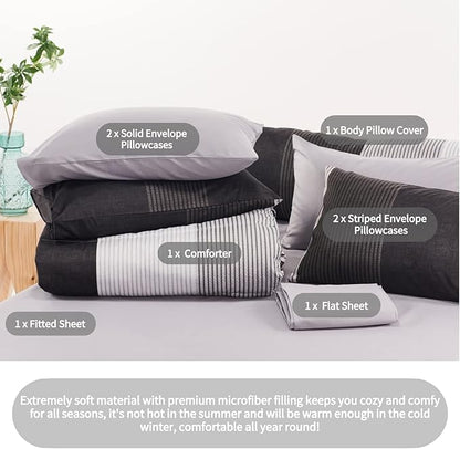 RYNGHIPY 8Pcs Revsible Grey Black Striped Down Alternative Comforter Bedding Collections, Lightweight All Season Striped Bedding Comforters Sets for Full Bed (Full,Grey Black)