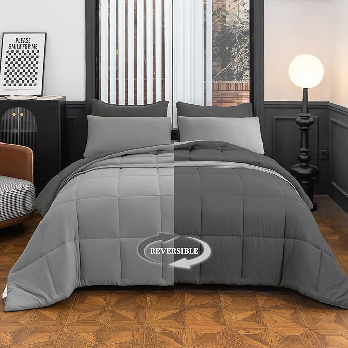 King Size Comforter Set - 8-Piece Gray Bedding with Breathable Reversible Down Lightweight Comforter, Bed Skirt, Flat Sheets, Pillowcases & Pillow Shams