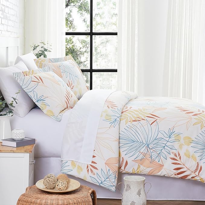 Southshore Fine Living, Inc. 3-Piece Full/Queen Size Comforter Set with 2 Pillow Shams, Double Brushed Microfiber Fabric, Down Alternative Comforter, Tropical Leaf Cream