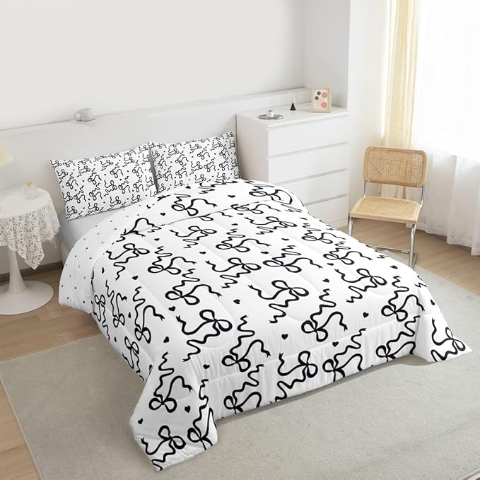 Castle Fairy Bow Love Heart Print Comforter Set Twin Size,Black Bowknot Bedding Sets 2Pcs for Kids Girls Women Room Decor,Butterfly Tie Knot Quilted Duvet Princess Girly Down Comforter,1 Pillowcase
