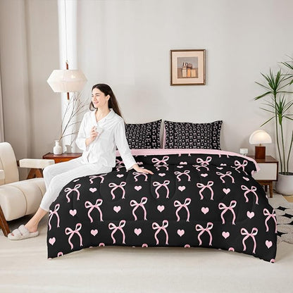 Erosebridal Love Hearts Bowknot Black Pink King 7-Piece Comforter Set | Bow Kawaii Cute Dreamy Sheets and Pillowcases Ribbon Girly Kids Bed in A Bag Teens Adults Women Bed Sets