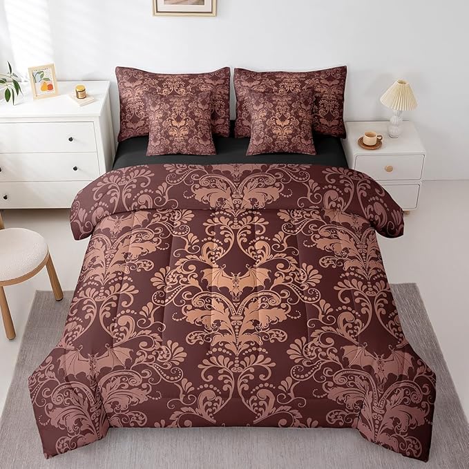 Erosebridal Gothic Damask Bed in a Bag Queen Comforter Set 7 Piece,Halloween Bat Bedding Sets Brown Victorian Floral Goth Sheet Set with Comforter
