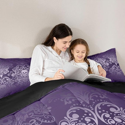 Feelyou Adults Gothic Skull Bedding Set Full Size Kids Damask Print Comforter Goth Bohemian Duvet Breathable Soft Lightweight Microfiber Purple Room Decor with 2 Pillowcases