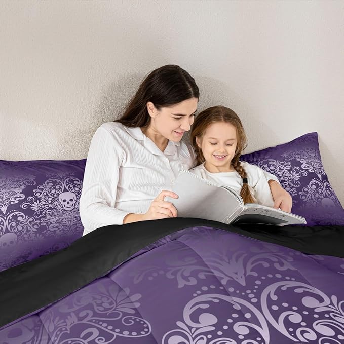 Feelyou Adults Gothic Skull Bedding Set Queen Size Kids Damask Print Comforter Goth Bohemian Duvet Breathable Soft Lightweight Microfiber Purple Room Decor with 2 Pillowcases