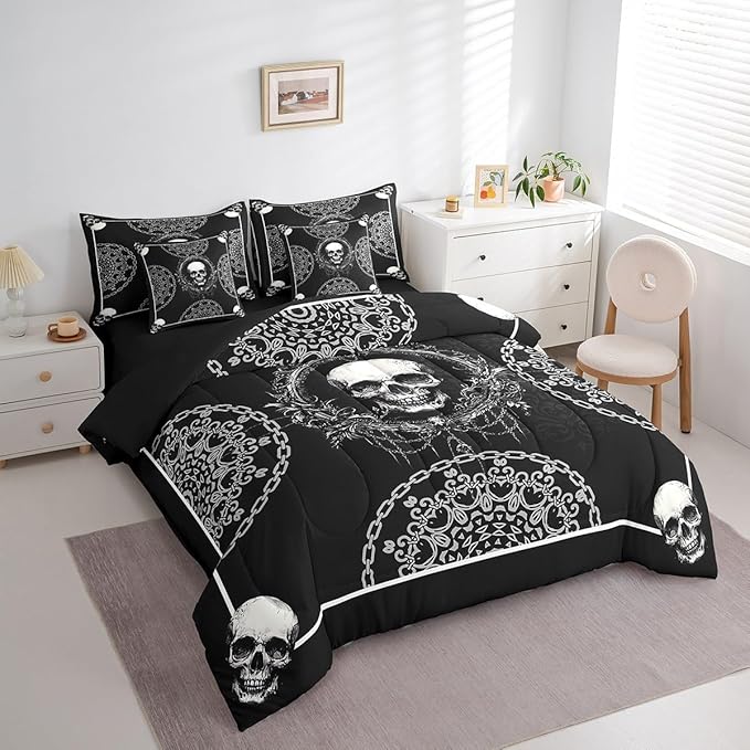Erosebridal Sugar Skull 7 Piece Bedding Set Twin Size,Gothic Exotic Bed in a Bag,Horror Theme Bed Set Includes Comforter, Sheet Set, Pillowcases & Pillow Covers All Season Bedroom Decor