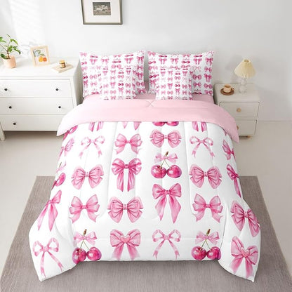 Feelyou Pink Cute Cherry Bow Comforter Set with Sheets 7 Piece Queen Size Princess Decor Bedding Set for Kids Boys Girls Pink Bow Bed in a Bag Kawaii Room Decor Soft Lightweight Microfiber