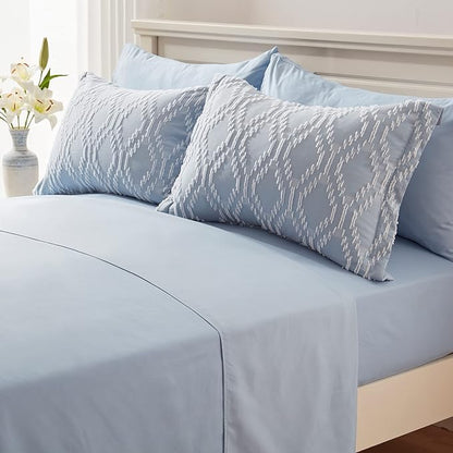 EMME 7 Piece King Embroidery Comforter Set Bed in A Bag, Microfiber Tufted Bedding Comforter with Sheets, Ultra Soft Comfortable Boho Bedding Set for All Season (King, Dusty Blue)