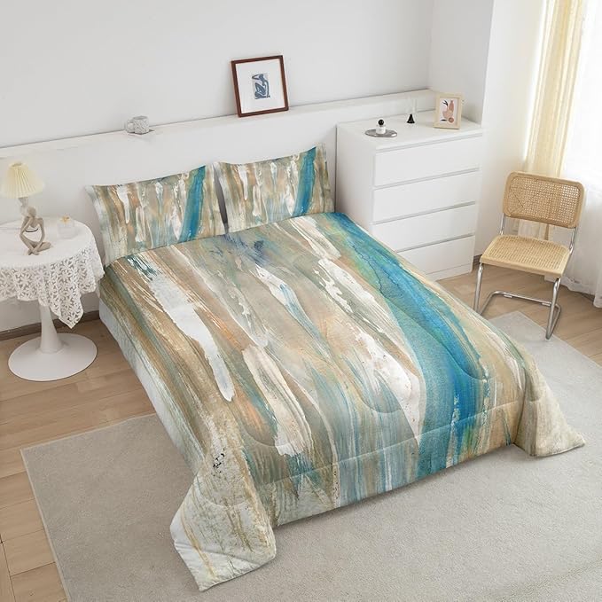 Erosebridal Blue Brown Bedding Full Ombre Abstract Art Comforter Set, Brush Marks Gradient Down Comforter Contemporary Vintage Bedding Comforter Sets, Watercolor Stripe Aesthetic Duvet Insert