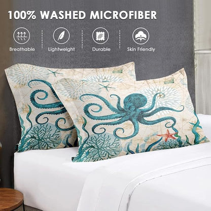 Full Size Comforter Set with 2 Pillowcases, Sea Coral Octopus 3 Pcs Bedding for Kids and Adults, Beach Summer Ocean Animal Soft Comforter Set for Bedroom Bed Decor