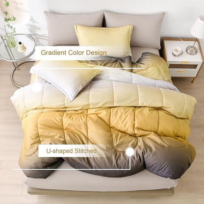Anibedding Gradient Yellow Comforter Set King Size 7 Pieces Ombre Yellow and Grey Bed in a Bag Complete Bedding Set - Breathable Solid Grey Bed Sets w/Flat/Fitted Sheet, 2 Pillowcases, 2 Pillow Shams