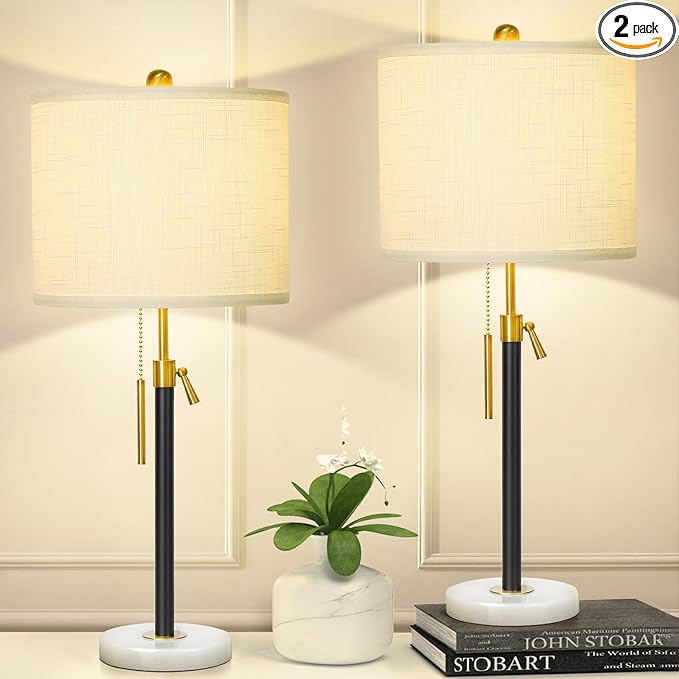 Table Lamps for Bedrooms Set of 2, 22" to 30" Height Adjustable Nightstand Lamps with Linen Shade, Pull Chain Switch Lamps for Living Room, 3 Way Dimmable Beside Lamp