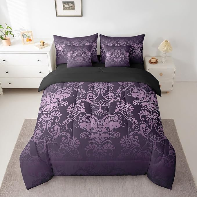 Erosebridal Gothic Damask Bed in a Bag King Size Comforter Set 7 Pieces,Sun Moon Tree of Life Bedding Sets Purple Victorian Floral Goth Sheet Set with Comforter
