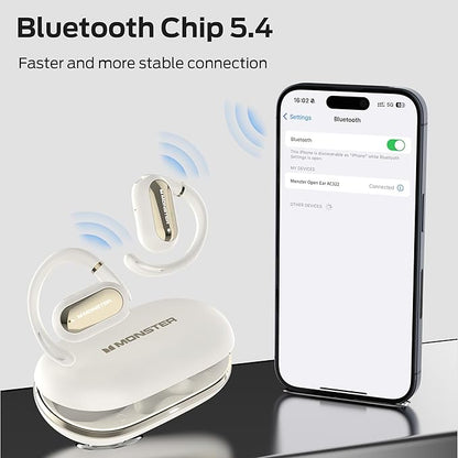 Monster Open Ear AC322 Wireless Earbuds, Bluetooth 5.4, 36H Playtime, IPX5 Waterproof, Open-Ear Design with Adjustable Ear Hooks, Secure Fit for Running & Workout, Clear Calls White