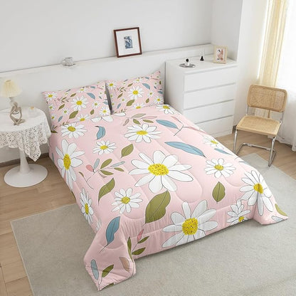 Manfei White Daisy Comforter Set King Size, Flower Leaves Bedding Set 3pcs for Kids Boys Girls Bedroom Decor, Botanical Floral Print Quilt Set Soft Polyester Duvet Set with 2 Pillowcases