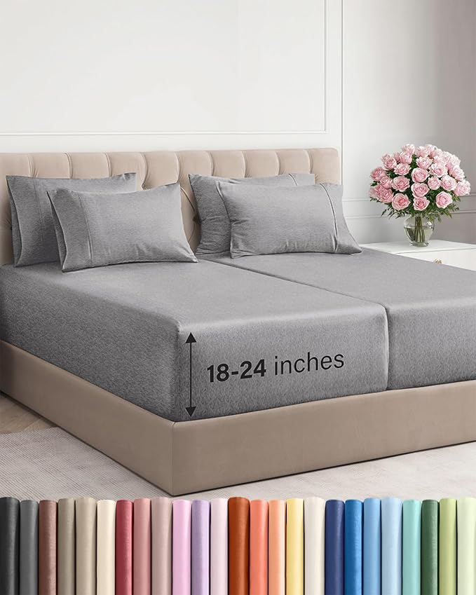 Extra Deep Split King Sheet Set - 7 Piece Breathable and Cooling Sheets - Hotel Luxury Bedding for Women, Men, Kids & Teens - Secure Fit - Soft and Wrinkle Free - Extra Deep Pockets - Heathered Grey