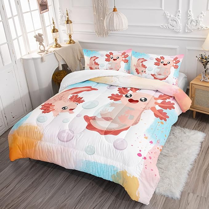 HOSIMA Axolotl Bedding Set for Kids Bedroom Decor,Cute Cartoon Axolotl and Colorful Background Kawaii Bedding Set for Girls Kids,Cartoon Sea Animals Axolotl Comforter Full with 2 Pillowcase