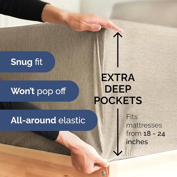 Extra Deep Full Sheet Set - 6 Piece Breathable and Cooling Sheets - Hotel Luxury Bedding for Women, Men, Kids & Teens - Easy Secure Fit - Soft and Wrinkle Free - Extra Deep Pockets - Heathered Beige