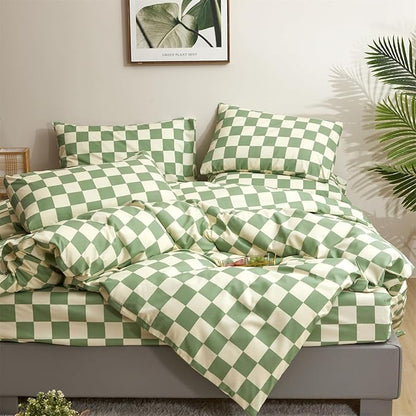 CLOTHKNOW Green White Plaid Queen Comforter Set Grid Bedding Comforter Sets Checkerboard Comforter Checker Queen Comforter with 2 x Pillow Cases
