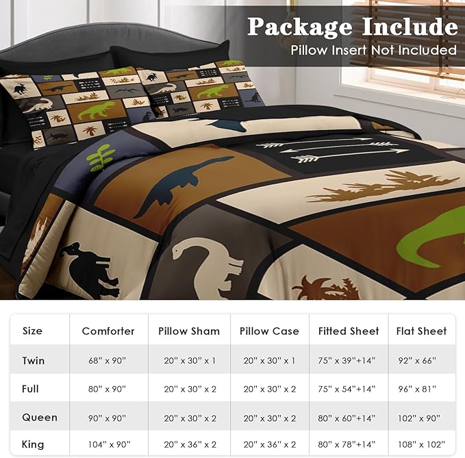 Comforter Set Queen Size, Dino Animal 7 Pcs Bedding for Kids and Adults, Cute Dinosaur Bed Sheet Sets with Fitted Sheet 2 Pillowcases & 2 Shams for Bedroom Bed Decor