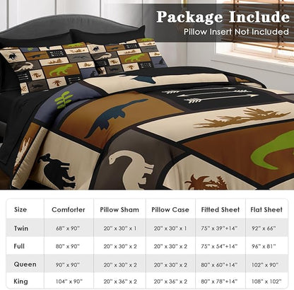 Comforter Set Queen Size, Dino Animal 7 Pcs Bedding for Kids and Adults, Cute Dinosaur Bed Sheet Sets with Fitted Sheet 2 Pillowcases & 2 Shams for Bedroom Bed Decor