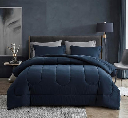 Maple&Stone Oversized King Comforter Sets 7 Pieces Bed in a Bag - Down Alternative Bed Set with Comforter, Sheets, Pillowcases & Shams, All Season Lightweight Bedding Set (Navy,120x98)