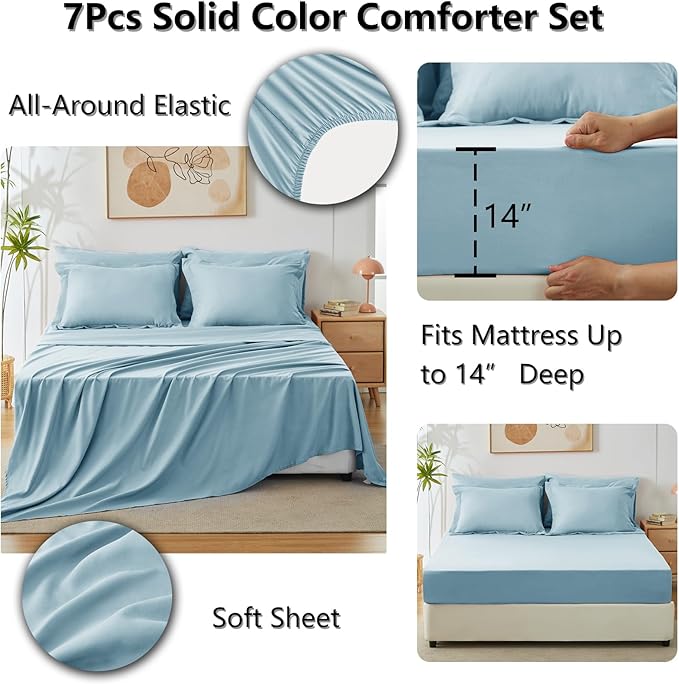 CozyLux Queen Comforter Set Light Blue, 7 Pieces Bed in a Bag Queen Comforter Set with Sheets, Soft Bedding Sets with Down Alternative Comforter, Fitted Sheet, Flat Sheet, Pillow Shams and Pillowcases
