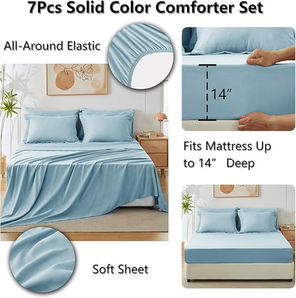 CozyLux King Size Comforter Set Light Blue, 7 Pieces Bed in a Bag King Comforter Set with Sheets, Bedding Set with Down Alternative Comforter, Fitted Sheet, Flat Sheet, Pillow Shams and Pillowcases