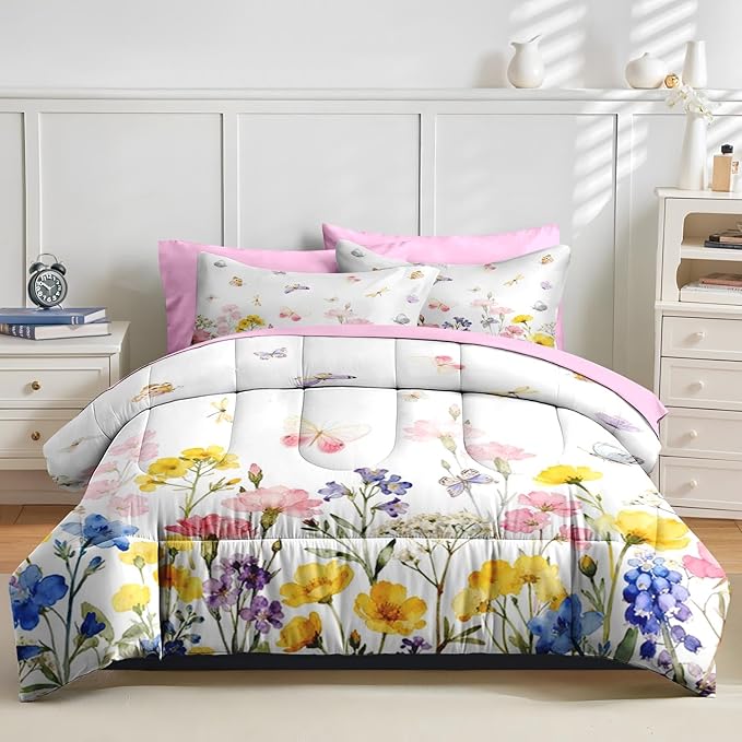 Nesker 5 Pcs Spring Comforter Set Twin Size, Pink Yellow Floral Bedding Set for Kids and Adults, Colorful Butterfly Bed Sheet Sets with Fitted Sheet Pillowcase & Sham